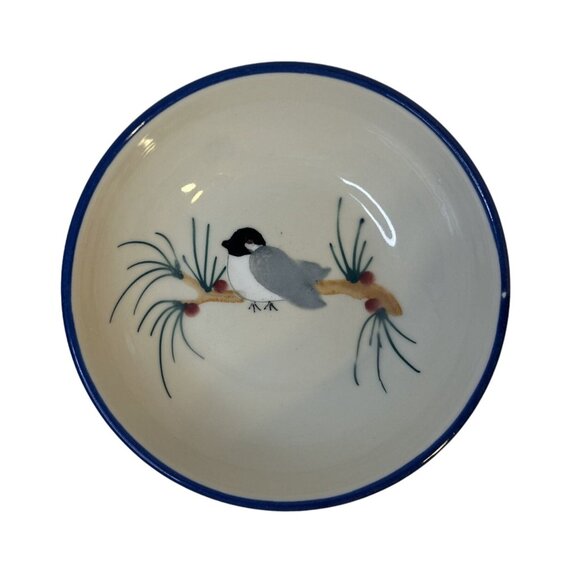 VTG Hartstone Hand Painted Chickadee And Pine Blue Rim Soup Cereal Bowl Signed - Picture 1 of 7